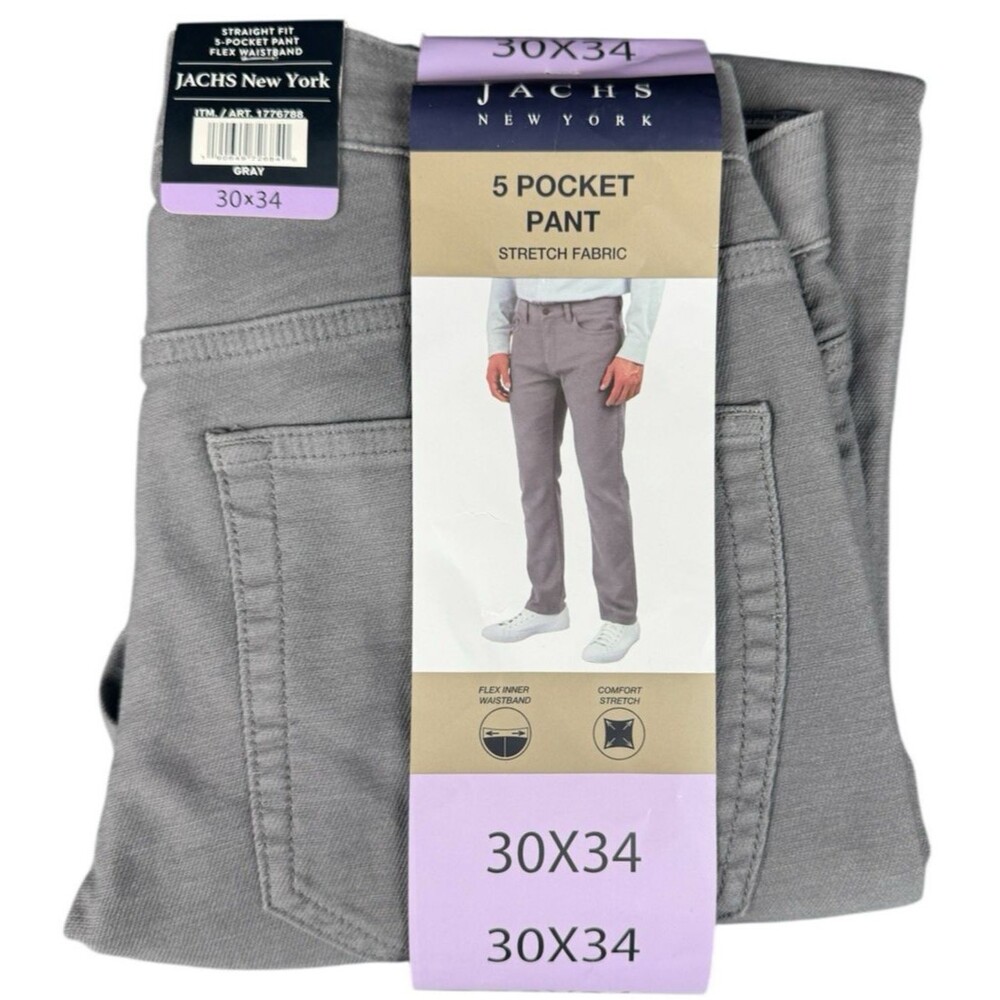 Jachs New York 30x34 Pants Gray Straight Fit 5 Pocket Flex Waistband Chino Grey